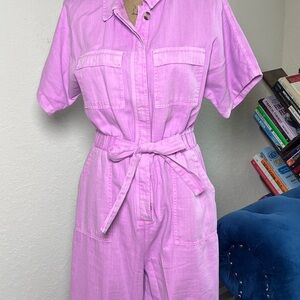 Universal Thread Bubble Gum Pink Short-Sleeve Utility Jumpsuit with Tie Waist